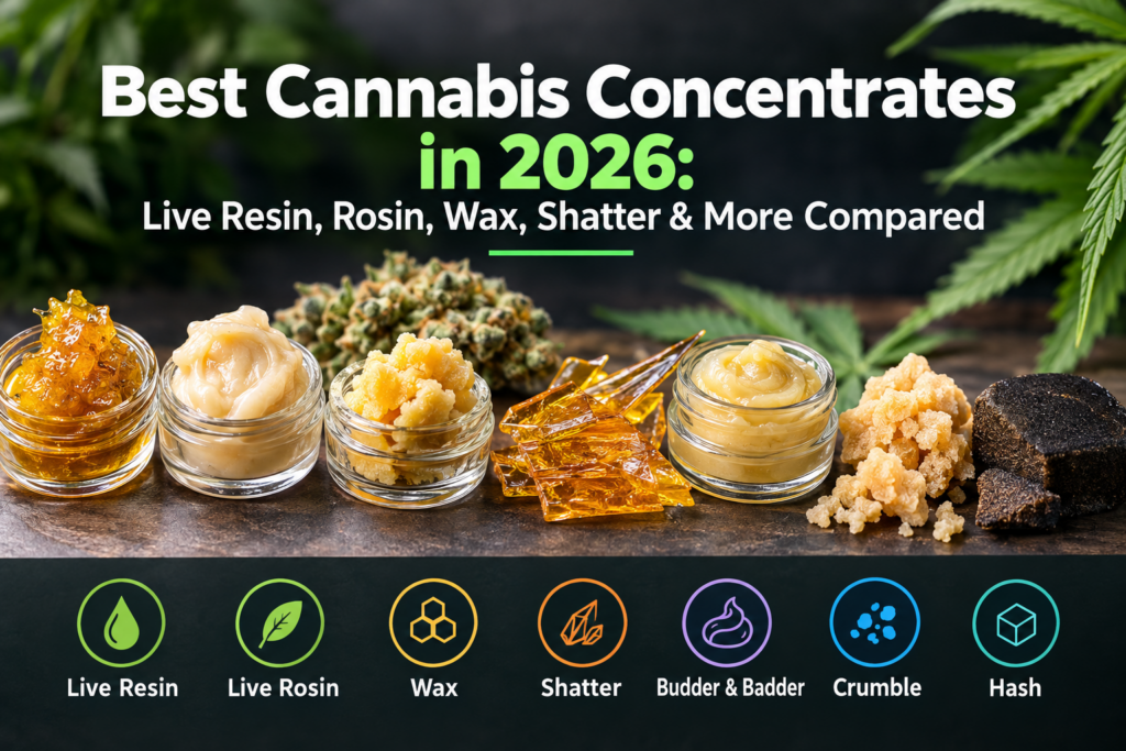Best Cannabis Concentrates in 2026 comparing live resin, live rosin, wax, shatter, budder, crumble, and hash.