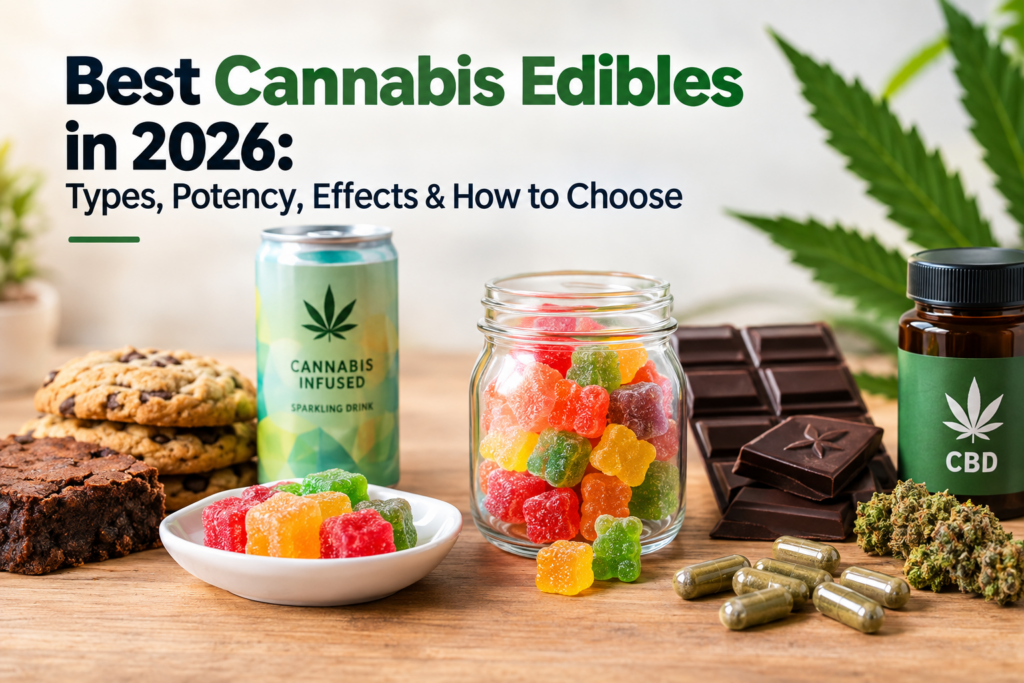 Best Cannabis Edibles in 2026 featuring gummies, chocolates, baked goods, capsules, and cannabis beverages.