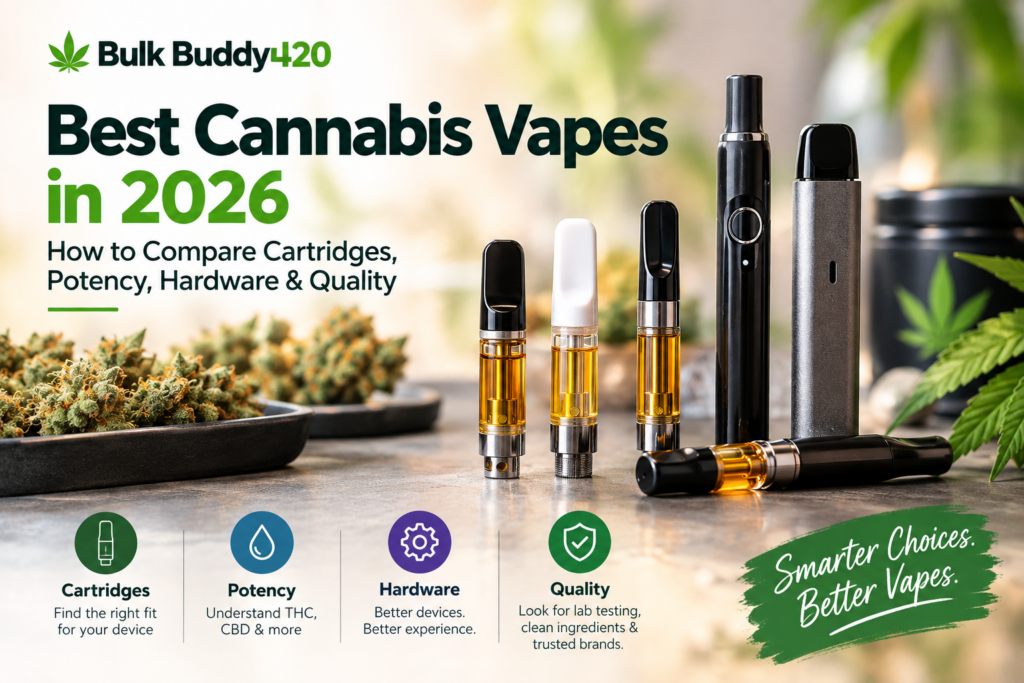 Best Cannabis Vapes in 2026 featuring cannabis vape cartridges, disposable vape pens, potency, hardware, and quality comparison.