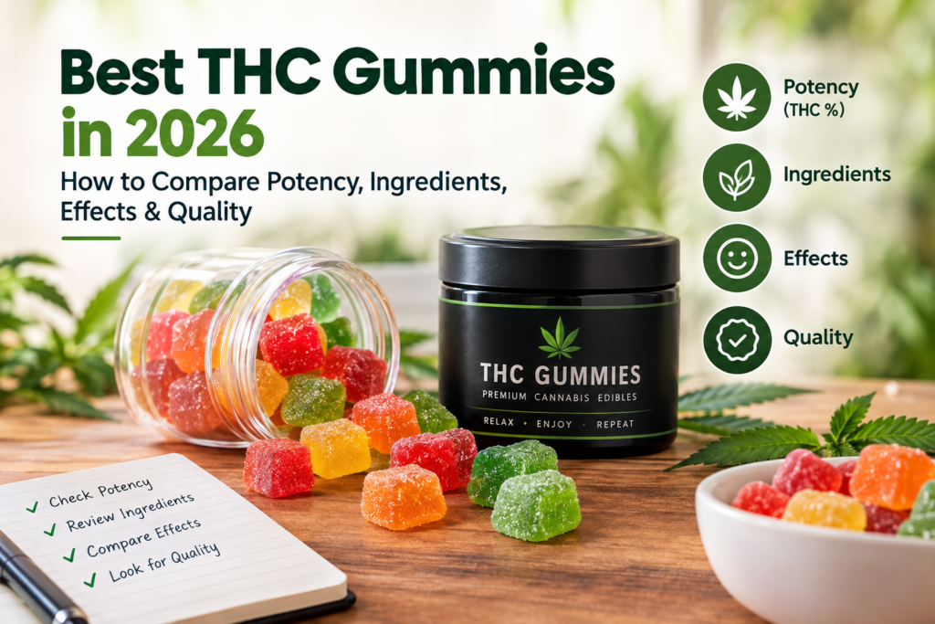 Best THC Gummies in 2026 featuring colorful THC gummies and a guide to potency, ingredients, effects, and quality.
