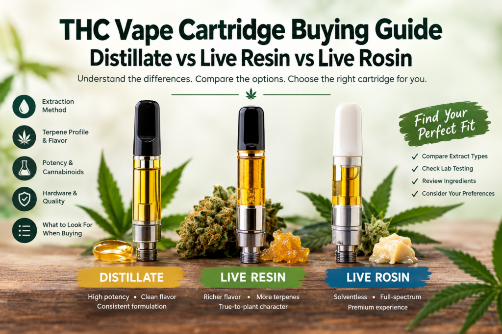 THC Vape Cartridge Buying Guide featuring distillate, live resin, and live rosin vape cartridges, potency, terpenes, hardware, and quality comparison.