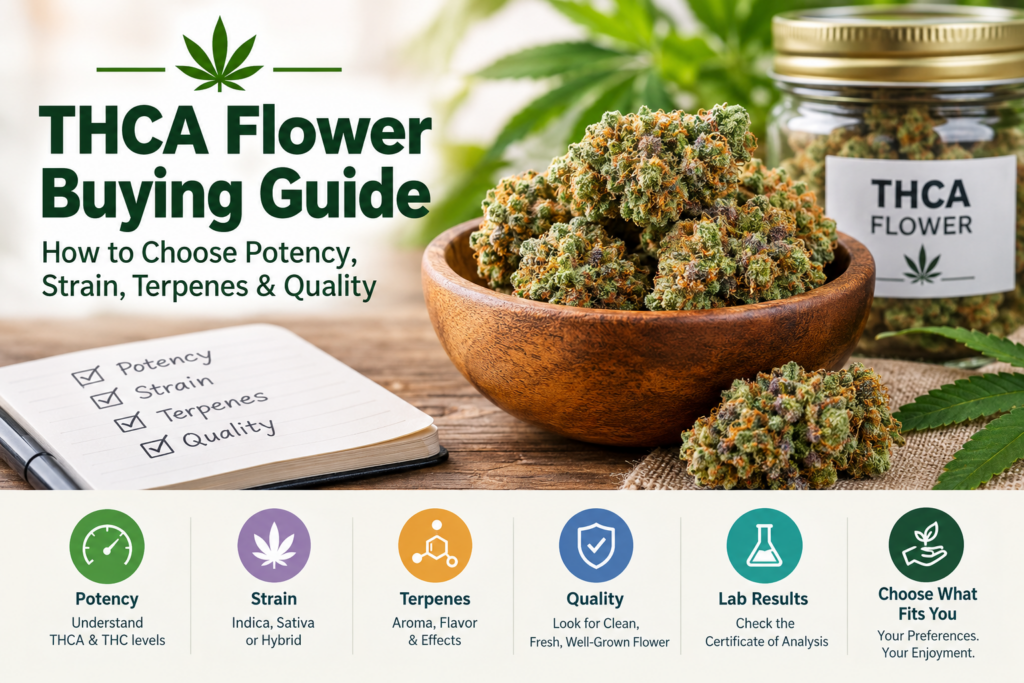 THCA Flower Buying Guide showing cannabis flower, potency, strain, terpenes, quality, lab results, and buying considerations.
