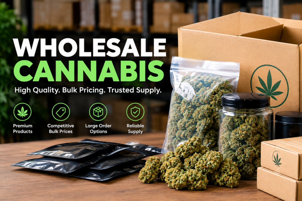 Wholesale cannabis page featuring bulk cannabis products, packaging, large-order options, bulk pricing, and trusted supply.